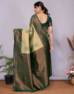 pista green silk blend banarasi saree with unstitched blouse piece 2
