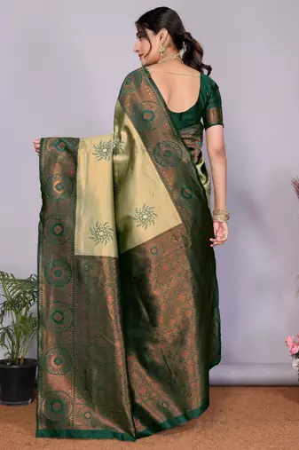 pista green silk blend banarasi saree with unstitched blouse piece