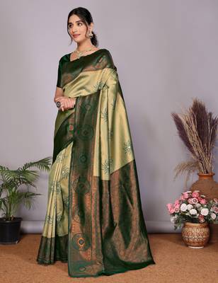 pista green silk blend banarasi saree with unstitched blouse piece 3