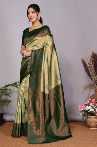 pista green silk blend banarasi saree with unstitched blouse piece