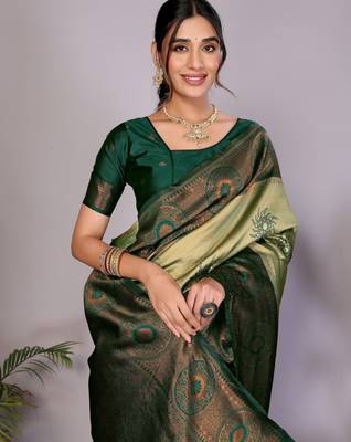 pista green silk blend banarasi saree with unstitched blouse piece 4