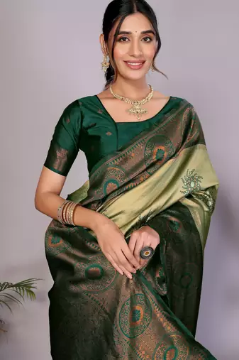pista green silk blend banarasi saree with unstitched blouse piece