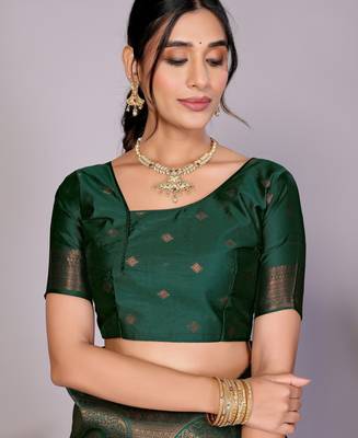 pista green silk blend banarasi saree with unstitched blouse piece 5