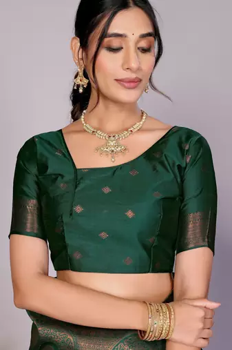 pista green silk blend banarasi saree with unstitched blouse piece