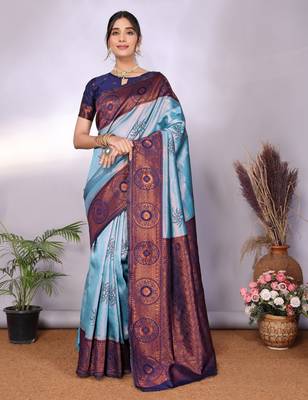 sky blue silk blend banarasi saree with unstitched blouse piece 1