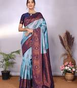 Sky blue soft silk blend banarasi jacuard work designer party wear saree with unstitched blouse piece
