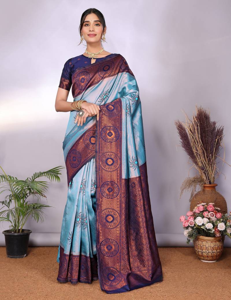 Sky blue soft silk blend banarasi jacuard work designer party wear saree with unstitched blouse piece
