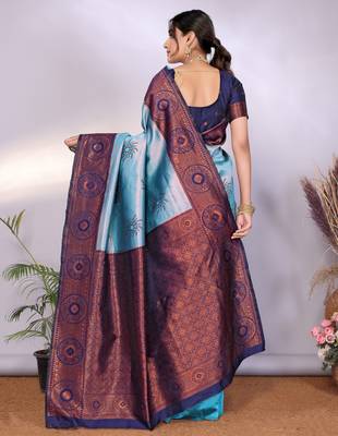 sky blue silk blend banarasi saree with unstitched blouse piece 2