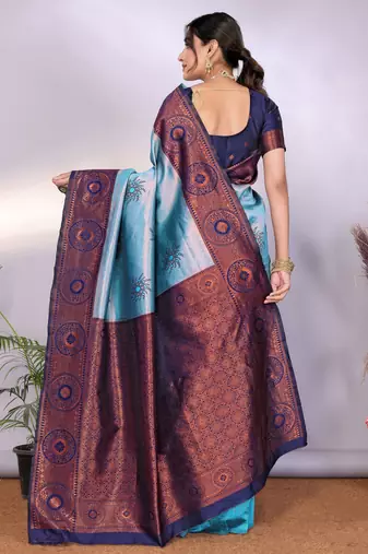 sky blue silk blend banarasi saree with unstitched blouse piece