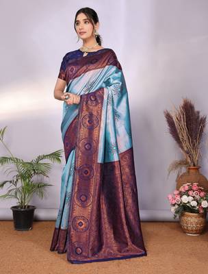 sky blue silk blend banarasi saree with unstitched blouse piece 3