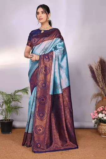 sky blue silk blend banarasi saree with unstitched blouse piece