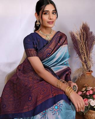 sky blue silk blend banarasi saree with unstitched blouse piece 4