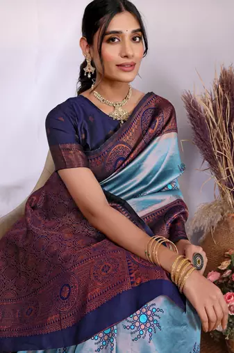 sky blue silk blend banarasi saree with unstitched blouse piece