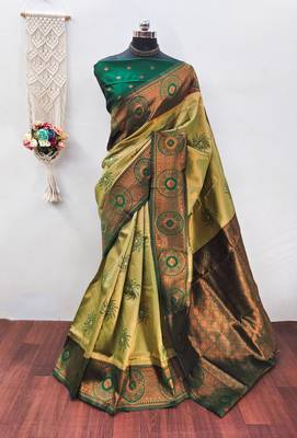 pista green silk blend banarasi saree with unstitched blouse piece 1