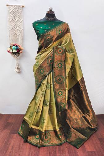 pista green  soft art silk blend banarasi jacuard work designer party wear saree with unstitched blouse piece