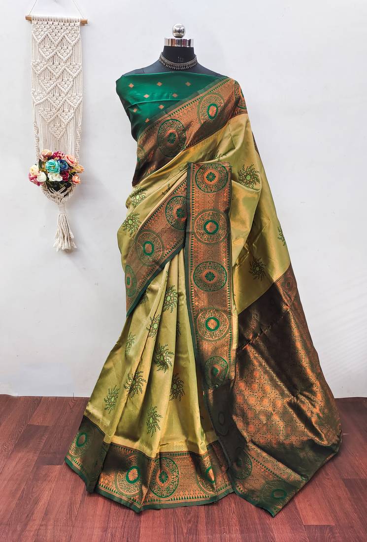 Pista green  soft silk blend banarasi jacuard work designer party wear saree with unstitched blouse piece