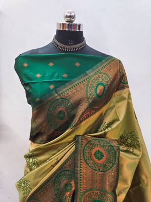 pista green silk blend banarasi saree with unstitched blouse piece 2