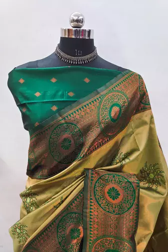 pista green silk blend banarasi saree with unstitched blouse piece