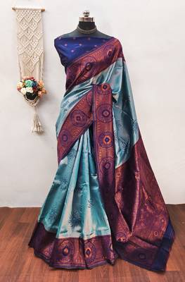 sky blue silk blend banarasi saree with unstitched blouse piece 1