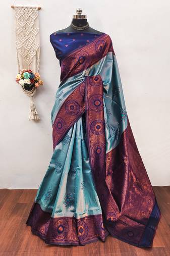 sky blue soft art silk blend banarasi jacuard work designer party wear saree with unstitched blouse piece