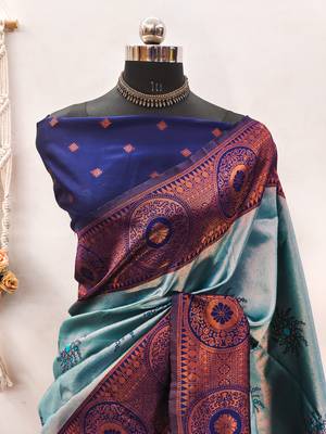 sky blue silk blend banarasi saree with unstitched blouse piece 2