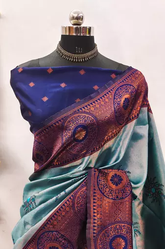 sky blue silk blend banarasi saree with unstitched blouse piece