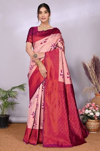 cream wine  soft art silk blend banarasi jacuard work designer party wear saree with unstitched blouse piece