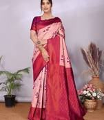 Cream wine  soft silk blend banarasi jacuard work designer party wear saree with unstitched blouse piece