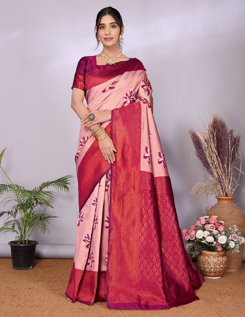 Cream wine  soft silk blend banarasi jacuard work designer party wear saree with unstitched blouse piece