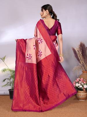 cream wine silk blend banarasi saree with unstitched blouse piece 2