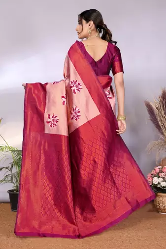 cream wine silk blend banarasi saree with unstitched blouse piece
