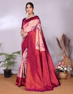 cream wine silk blend banarasi saree with unstitched blouse piece 3