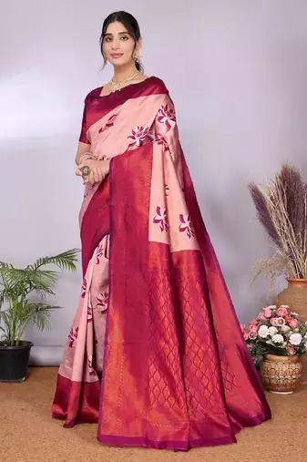 cream wine silk blend banarasi saree with unstitched blouse piece