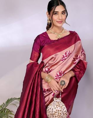 cream wine silk blend banarasi saree with unstitched blouse piece 4