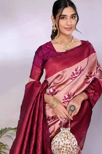 cream wine silk blend banarasi saree with unstitched blouse piece