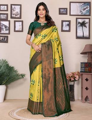 lemon green silk blend banarasi saree with unstitched blouse piece 1