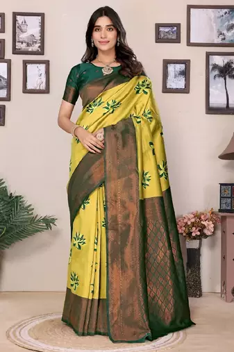 Lemon green  soft silk blend banarasi jacuard work designer party wear saree with unstitched blouse piece