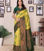 Lemon green  soft silk blend banarasi jacuard work designer party wear saree with unstitched blouse piece