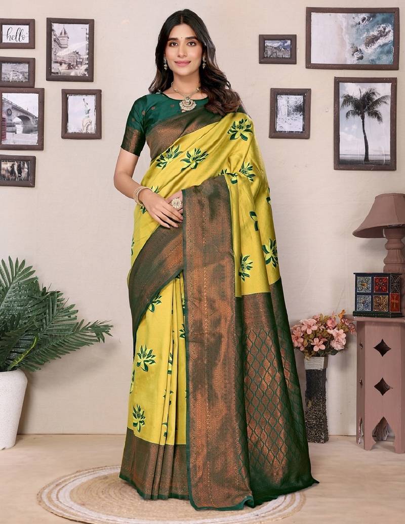 Lemon green  soft silk blend banarasi jacuard work designer party wear saree with unstitched blouse piece