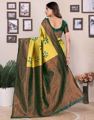 lemon green silk blend banarasi saree with unstitched blouse piece 2