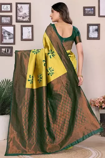 lemon green silk blend banarasi saree with unstitched blouse piece