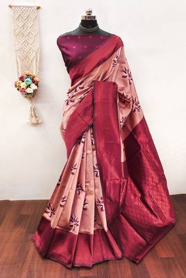 cream wine silk blend banarasi saree with unstitched blouse piece 1