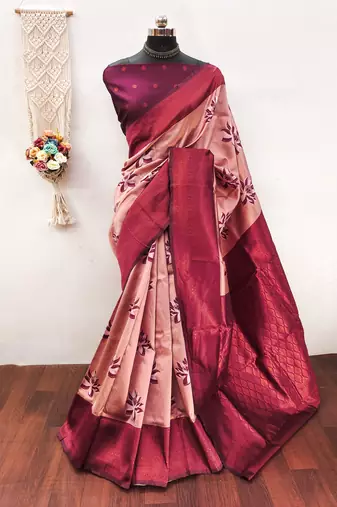 Cream wine  soft silk blend banarasi jacuard work designer party wear saree with unstitched blouse piece