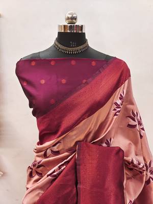 cream wine silk blend banarasi saree with unstitched blouse piece 2