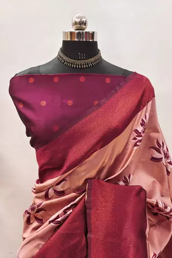 cream wine silk blend banarasi saree with unstitched blouse piece