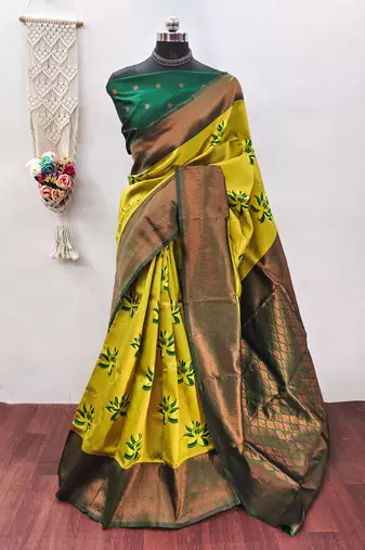 Lemon green  soft silk blend banarasi jacuard work designer party wear saree with unstitched blouse piece