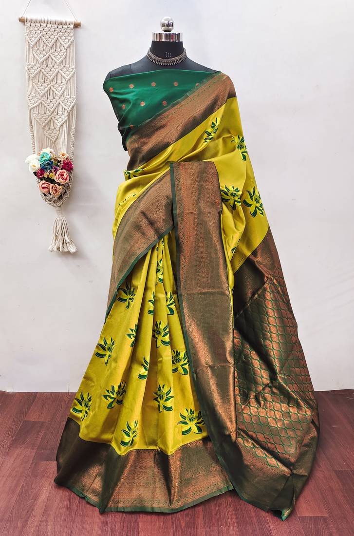 Lemon green  soft silk blend banarasi jacuard work designer party wear saree with unstitched blouse piece