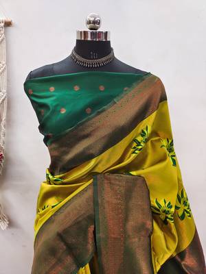 lemon green silk blend banarasi saree with unstitched blouse piece 2