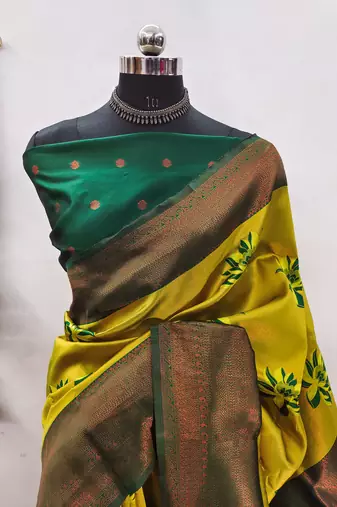 lemon green silk blend banarasi saree with unstitched blouse piece