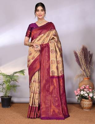 cream wine silk blend banarasi saree with unstitched blouse piece 1